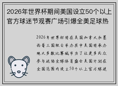 2026年世界杯期间美国设立50个以上官方球迷节观赛广场引爆全美足球热潮