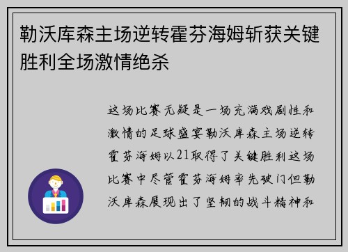 勒沃库森主场逆转霍芬海姆斩获关键胜利全场激情绝杀